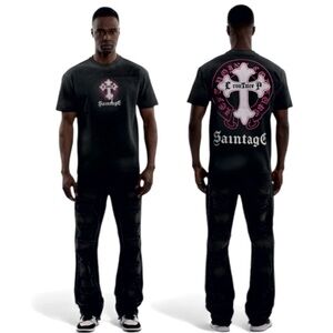 Sz Various Saintage Black Graphic,Pink White Tee Design with diamond sprinkles